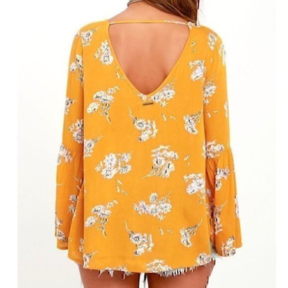 BILLABONG Forget Me Knot Shirt Mustard Yellow V-Neck Button Down Blouse JRS XS - Picture 4 of 11